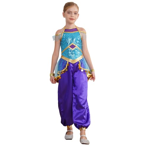 Jugaoge Mädchen Prinzessin Kostüm Pailletten Jumpsuit Neckholder Overall mit Satin Weites Bein Hose + Armbändern Bauchtanz Tanzbekleidung Blau 110-116 von Jugaoge