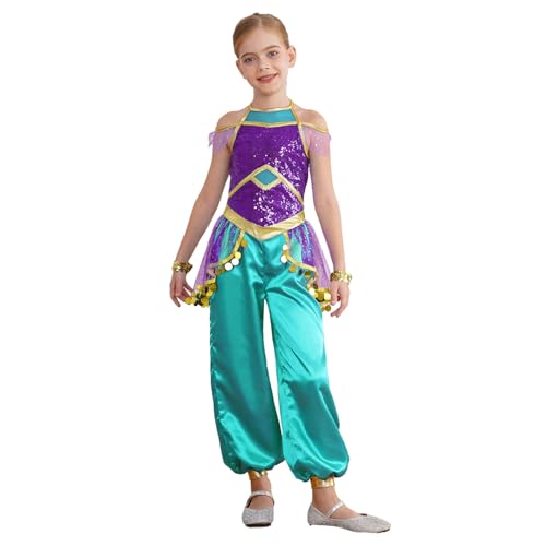 Jugaoge Mädchen Prinzessin Kostüm Pailletten Jumpsuit Neckholder Overall mit Satin Weites Bein Hose + Armbändern Bauchtanz Tanzbekleidung Violett 110-116 von Jugaoge