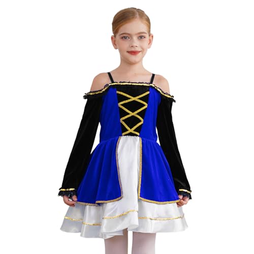 Jugaoge Mädchen Renaissance Kleid Mittelalterliches Kostüm Langarm Corsagenkleid Schulterfrei Schnürkleid mit Tutu Rock Viktorianische Tanzkleider Partykleider Königsblau 122-128 von Jugaoge