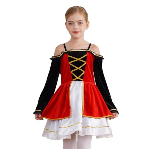 Jugaoge Mädchen Renaissance Kleid Mittelalterliches Kostüm Langarm Corsagenkleid Schulterfrei Schnürkleid mit Tutu Rock Viktorianische Tanzkleider Partykleider Rot 146-152 von Jugaoge