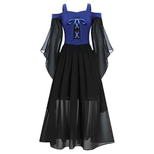 Jugaoge Mädchen Renaissance Kleid Mittelalterliches Kostüm Langarm Schulterfrei Korsett Kleid Steampunk Gothic Viktorianisches Corsagenkleid Blau 158-164 von Jugaoge