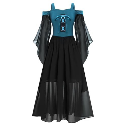 Jugaoge Mädchen Renaissance Kleid Mittelalterliches Kostüm Langarm Schulterfrei Korsett Kleid Steampunk Gothic Viktorianisches Corsagenkleid Dunkelblau 122-128 von Jugaoge