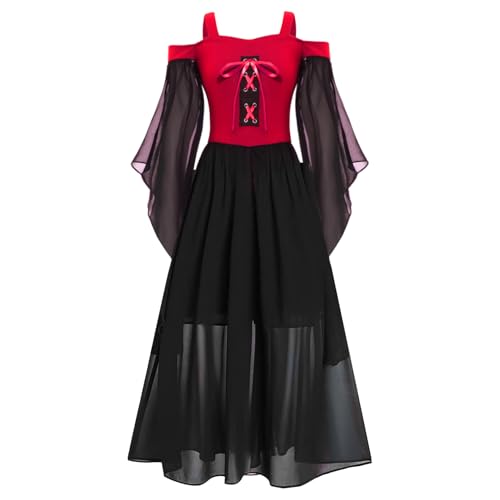 Jugaoge Mädchen Renaissance Kleid Mittelalterliches Kostüm Langarm Schulterfrei Korsett Kleid Steampunk Gothic Viktorianisches Corsagenkleid Rot 110-116 von Jugaoge