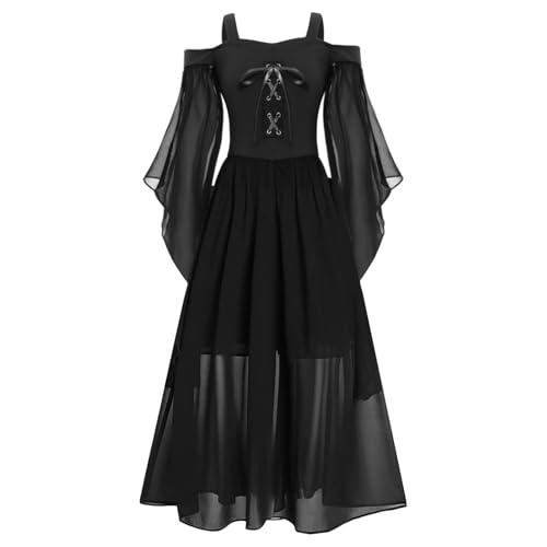 Jugaoge Mädchen Renaissance Kleid Mittelalterliches Kostüm Langarm Schulterfrei Korsett Kleid Steampunk Gothic Viktorianisches Corsagenkleid Schwarz 122-128 von Jugaoge