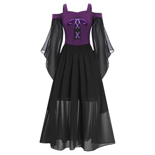 Jugaoge Mädchen Renaissance Kleid Mittelalterliches Kostüm Langarm Schulterfrei Korsett Kleid Steampunk Gothic Viktorianisches Corsagenkleid Violett 146-152 von Jugaoge