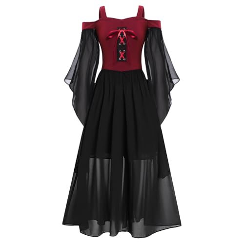 Jugaoge Mädchen Renaissance Kleid Mittelalterliches Kostüm Langarm Schulterfrei Korsett Kleid Steampunk Gothic Viktorianisches Corsagenkleid Weinrot 122-128 von Jugaoge