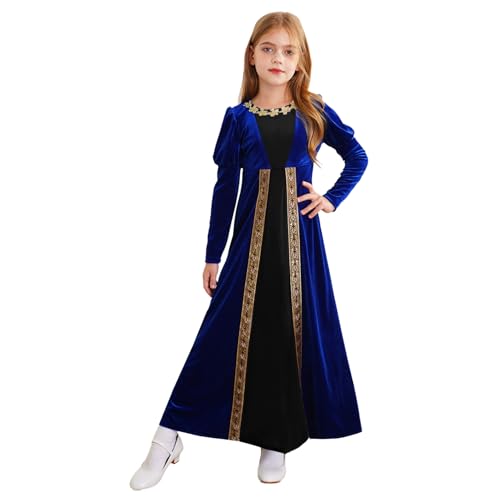 Jugaoge Mädchen Renaissance Mittelalter Kleid Langarm Samtkleider Gothic Viktorianisches Maxikleider Lange Winterkleider Tunika Partykleid Königsblau 110-116 von Jugaoge