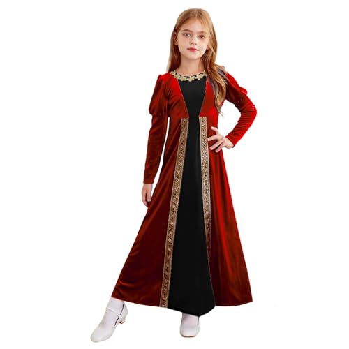 Jugaoge Mädchen Renaissance Mittelalter Kleid Langarm Samtkleider Gothic Viktorianisches Maxikleider Lange Winterkleider Tunika Partykleid Rot 110-116 von Jugaoge