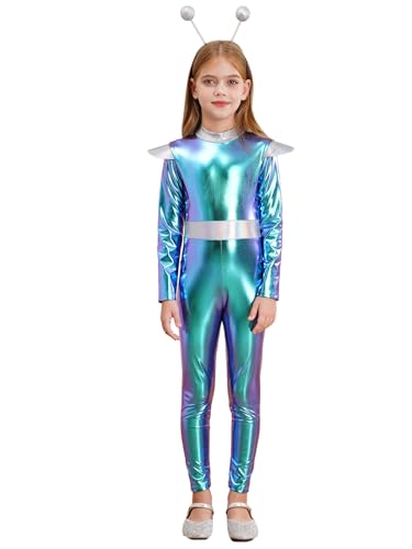 Jugaoge Mädchen Spacegirl Kostüm Weltraum Alien Cosplay Outfits Langarm Metallic Ganzkörperanzug Farbblock Raumanzug mit Haarreifen Blau 110-116 von Jugaoge