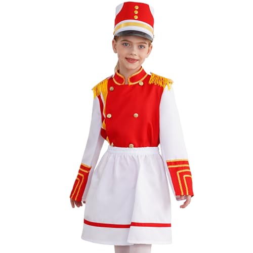 Jugaoge Mädchen Truppenmarsch Uniform Ensemble Soldatin Trommler Militärische Jacke Rock und Hut Gruppentanz Outfits Rot 134-140 von Jugaoge