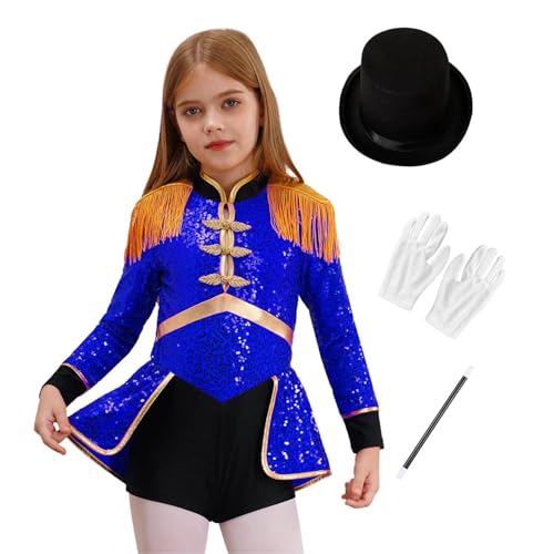 Jugaoge Mädchen Zirkus Kostüm Zirkusdirektor Uniform Langarm Pailletten Body Kleid mit Zylinder Hut Handschuhe Zauberstab Fasching Cosplay Outfit Blau 110-116 von Jugaoge