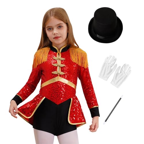 Jugaoge Mädchen Zirkus Kostüm Zirkusdirektor Uniform Langarm Pailletten Body Kleid mit Zylinder Hut Handschuhe Zauberstab Fasching Cosplay Outfit Rot 110-116 von Jugaoge