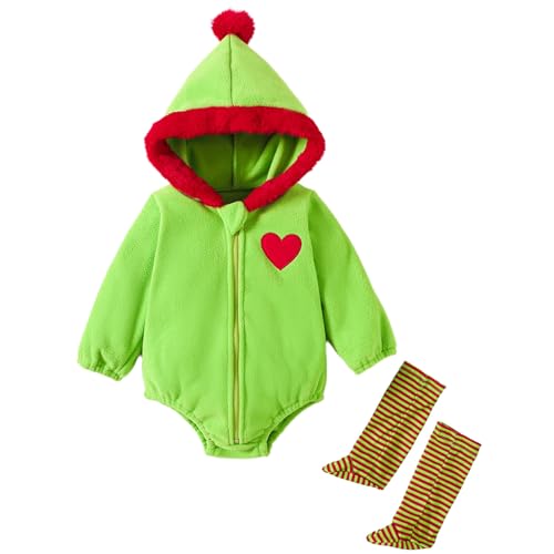 Jugaoge Unisex Baby Mädchen Jungen Weihnachtsoutfits Hooded Langarm Body Fleece Strampler mit Lange Streifen Strümpfe Socken Kleinkinder Kleidung Set Grün 80-86 von Jugaoge