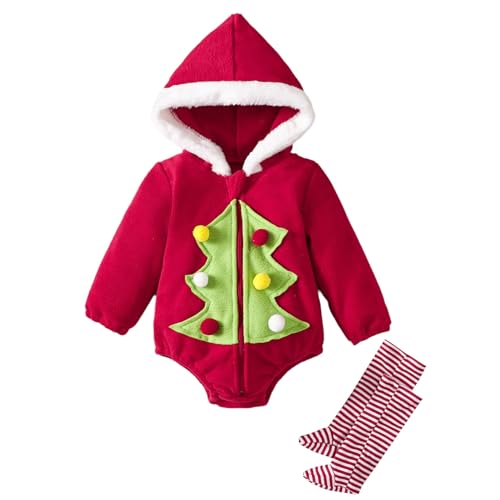 Jugaoge Unisex Baby Mädchen Jungen Weihnachtsoutfits Hooded Langarm Body Fleece Strampler mit Lange Streifen Strümpfe Socken Kleinkinder Kleidung Set Rot 68-80 von Jugaoge