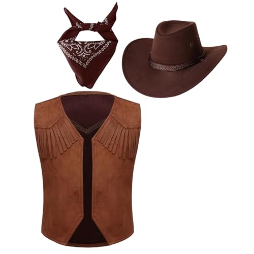 Jugaoge Unisex Kinder Cowboy Weste Western Cowgirl Wildleder Weste mit Hut Halstuch Jungen Mädchen Halloween Motto Party Outfits Braun 110-116 von Jugaoge