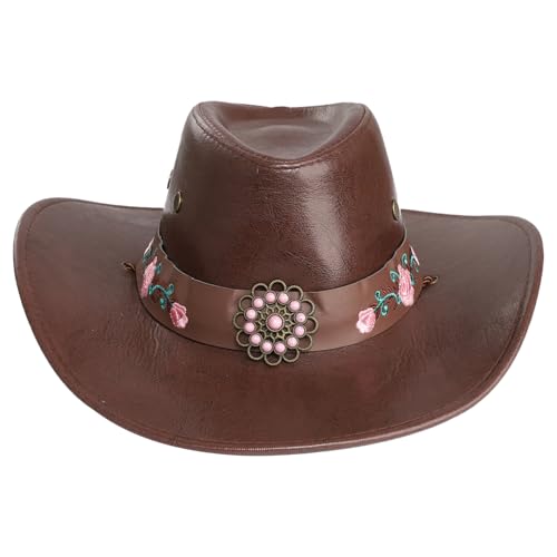 Jugaoge Unisex Western Cowboy Kostüm Mütze Damen Herren PU Leder Hut mit Kordelzug Vintage Retro Hippie Cowgirl Cosplay Outfits Bräunliches Rot Einheitsgröße von Jugaoge