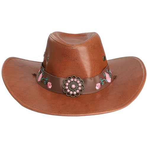 Jugaoge Unisex Western Cowboy Kostüm Mütze Damen Herren PU Leder Hut mit Kordelzug Vintage Retro Hippie Cowgirl Cosplay Outfits Braun Einheitsgröße von Jugaoge