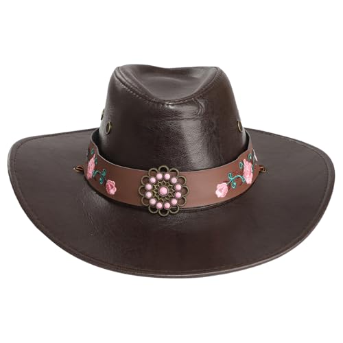 Jugaoge Unisex Western Cowboy Kostüm Mütze Damen Herren PU Leder Hut mit Kordelzug Vintage Retro Hippie Cowgirl Cosplay Outfits Kaffee Einheitsgröße von Jugaoge