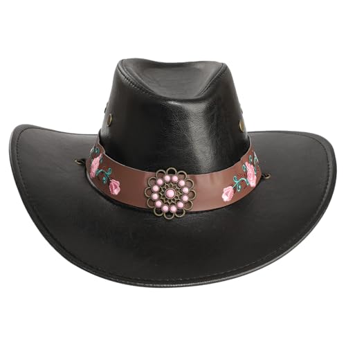 Jugaoge Unisex Western Cowboy Kostüm Mütze Damen Herren PU Leder Hut mit Kordelzug Vintage Retro Hippie Cowgirl Cosplay Outfits Schwarz Einheitsgröße von Jugaoge