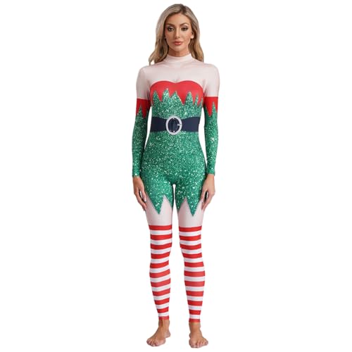 Jugaoge Weihnachten Kostüm Langarm Rollkragen Ganzkörperanzug 3D Druck Body Lustig Weihnachtsfrau Jumpsuit Overall Xmas Neujahr Outfits Grün L von Jugaoge