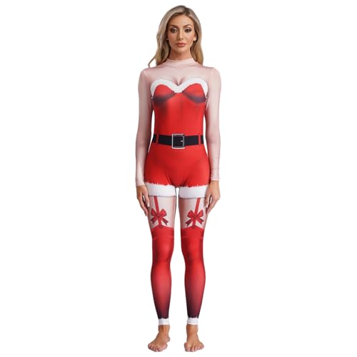 Jugaoge Weihnachten Kostüm Langarm Rollkragen Ganzkörperanzug 3D Druck Body Lustig Weihnachtsfrau Jumpsuit Overall Xmas Neujahr Outfits Rot C L von Jugaoge