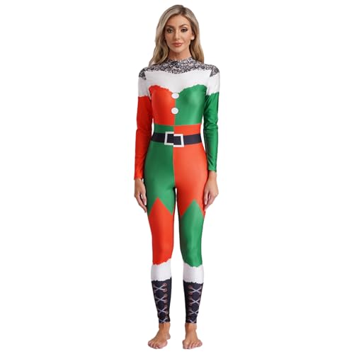 Jugaoge Weihnachten Kostüm Langarm Rollkragen Ganzkörperanzug 3D Druck Body Lustig Weihnachtsfrau Jumpsuit Overall Xmas Neujahr Outfits Rot Grün B M von Jugaoge