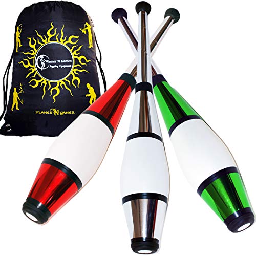 Euro PRO Jonglierkeulen 3er-Set (Grun/Silber/Rot) Jonglier Keulen Training Set + Flames N Games Reisetasche! Große Keulenjonglage Set für Kinder & Erwachsene! von Juggle Dream