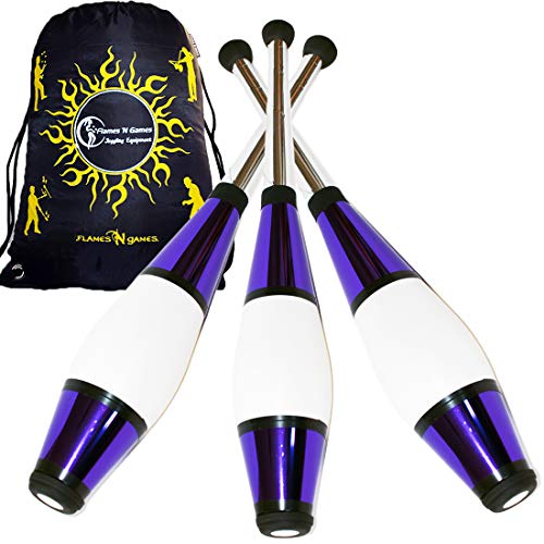 Euro PRO Jonglierkeulen 3er-Set (Lila) Jonglier Keulen Training Set + Flames N Games Reisetasche! Große Keulenjonglage Set für Kinder & Erwachsene! von Juggle Dream