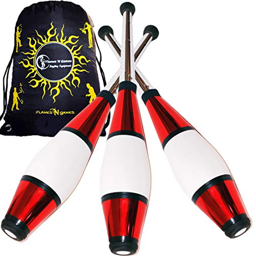 Euro PRO Jonglierkeulen 3er-Set (Rot) Jonglier Keulen Training Set + Flames N Games Reisetasche! Große Keulenjonglage Set für Kinder & Erwachsene! von Juggle Dream