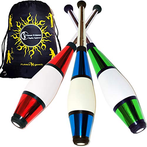 Euro PRO Jonglierkeulen 3er-Set (Rot/Grun/Blau) Jonglier Keulen Training Set + Flames N Games Reisetasche! Große Keulenjonglage Set für Kinder & Erwachsene! von Juggle Dream