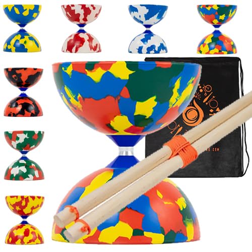 Jester Diabolo-Set mit Holzstäbchen – Pro Medium Gummi Diablo Set mit Holzhandstäben und Cascade Tragetasche (mehrfarbig) von Juggle Dream