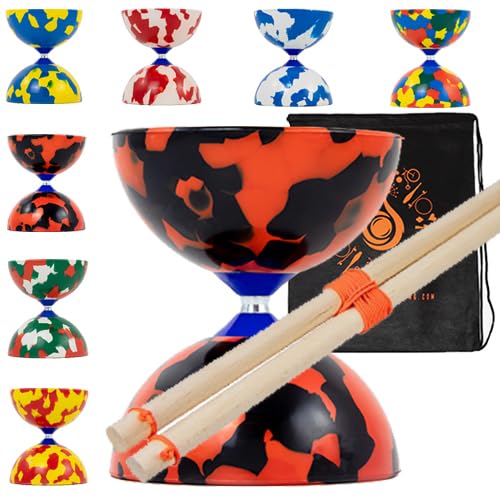 Jester Diabolo-Set mit Holzstäbchen – Pro Medium Gummi Diablo Set mit Holzhandstäben und Cascade Tragetasche (rot und schwarz) von Juggle Dream