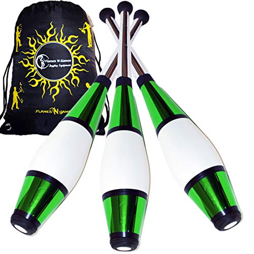 Juggle Dream Euro PRO Jonglierkeulen 3er-Set (Grun) Jonglier Keulen Training Set + Flames N Games Reisetasche! Große Keulenjonglage Set für Kinder & Erwachsene! von Juggle Dream