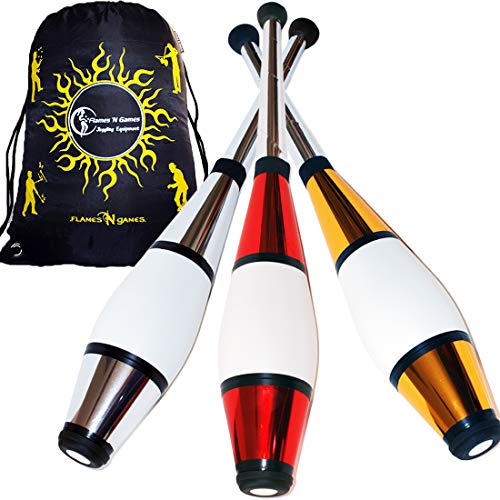 Juggle Dream Euro PRO Jonglierkeulen 3er-Set (Silber/Rot/Gold) Jonglier Keulen Training Set + Flames N Games Reisetasche! Große Keulenjonglage Set für Kinder & Erwachsene! von Juggle Dream