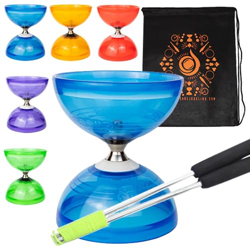 Jumbo Hurricane Pro Dreifachlager Kupplung Diabolo Set mit Aluminium 'Metall' Sticks, Diabolo String und Cascade Tragetasche (Blau mit silbernen Handstäben) von Juggle Dream