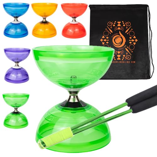 Jumbo Hurricane Pro Dreifachlager Kupplung Diabolo Set mit Aluminium 'Metall' Sticks, Diabolo String und Cascade Tragetasche (grün mit grünen Handstäben) von Juggle Dream