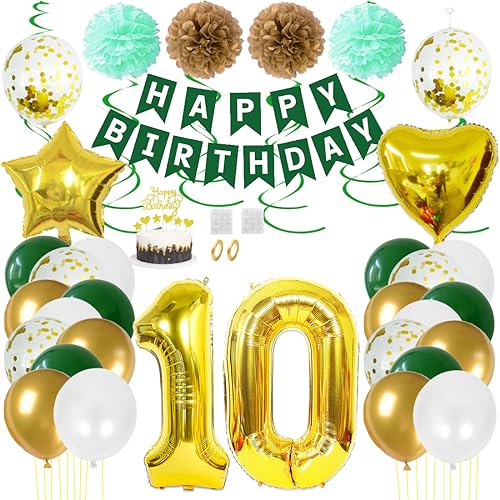 Juland 10. Geburtstag Deko Männer Frauen Grün Gold Geburtstagsdeko Mädchen Junge Happy Birthday Banner 10 Jahre Geburtstag Nummer Folienballons Pompons Konfetti Luftballons Pompons Tortenaufsatz von Juland