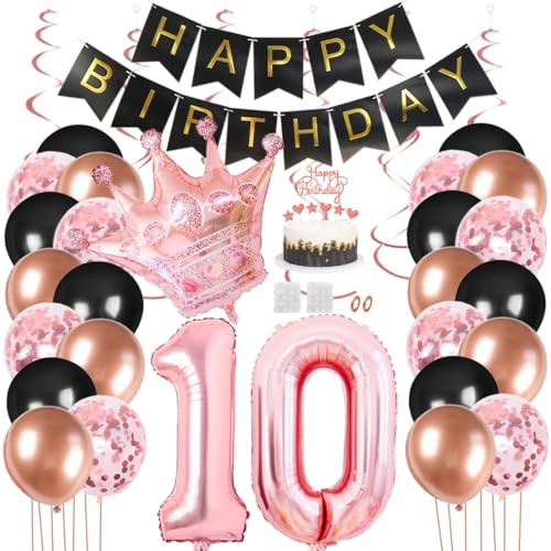 Juland 10. Geburtstag Deko Männer Frauen Schwarz Rose Gold Geburtstagsdeko Mädchen Junge Happy Birthday Banner 10 Jahre Geburtstag Nummer Folienballons Krone Konfetti Luftballons Tortenaufsatz von Juland