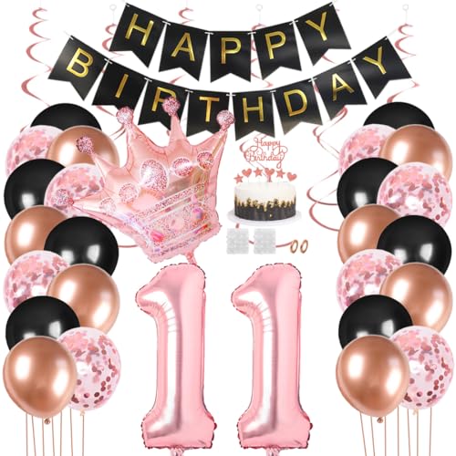 Juland 11. Geburtstag Deko Männer Frauen Schwarz Rose Gold Geburtstagsdeko Mädchen Junge Happy Birthday Banner 11 Jahre Geburtstag Nummer Folienballons Krone Konfetti Luftballons Tortenaufsatz von Juland