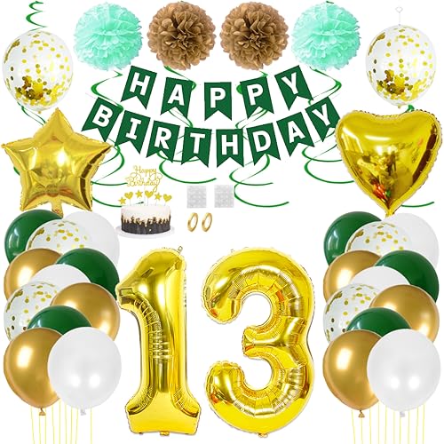 Juland 13. Geburtstag Deko Männer Frauen Grün Gold Geburtstagsdeko Mädchen Junge Happy Birthday Banner 13 Jahre Geburtstag Nummer Folienballons Pompons Konfetti Luftballons Pompons Tortenaufsatz von Juland