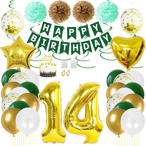 Juland 14. Geburtstag Deko Männer Frauen Grün Gold Geburtstagsdeko Mädchen Junge Happy Birthday Banner 14 Jahre Geburtstag Nummer Folienballons Pompons Konfetti Luftballons Pompons Tortenaufsatz von Juland