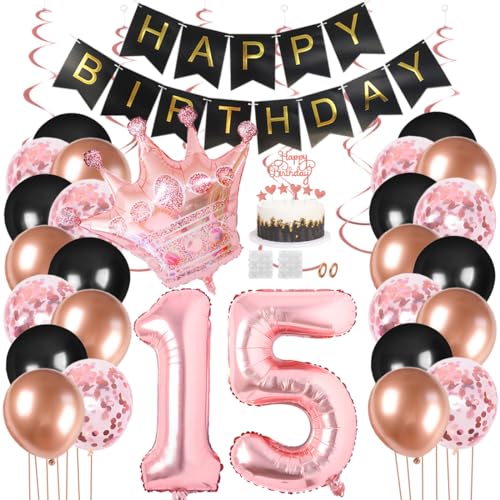 Juland 15. Geburtstag Deko Männer Frauen Schwarz Rose Gold Geburtstagsdeko Mädchen Junge Happy Birthday Banner 15 Jahre Geburtstag Nummer Folienballons Krone Konfetti Luftballons Tortenaufsatz von Juland