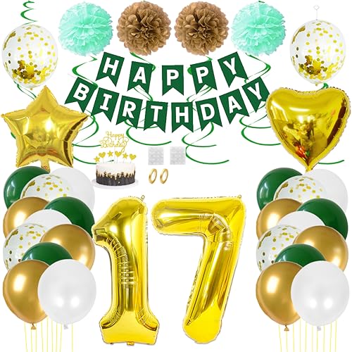 Juland 17. Geburtstag Deko Männer Frauen Grün Gold Geburtstagsdeko Mädchen Junge Happy Birthday Banner 17 Jahre Geburtstag Nummer Folienballons Pompons Konfetti Luftballons Pompons Tortenaufsatz von Juland