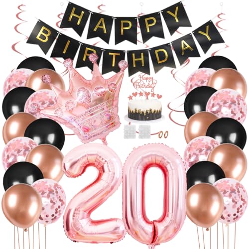 Juland 20. Geburtstag Deko Männer Frauen Schwarz Rose Gold Geburtstagsdeko Mädchen Junge Happy Birthday Banner 20 Jahre Geburtstag Nummer Folienballons Krone Konfetti Luftballons Tortenaufsatz von Juland