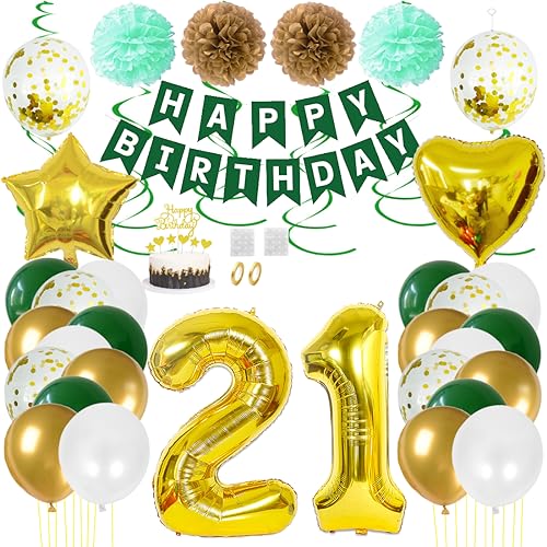 Juland 21. Geburtstag Deko Männer Frauen Grün Gold Geburtstagsdeko Mädchen Junge Happy Birthday Banner 21 Jahre Geburtstag Nummer Folienballons Pompons Konfetti Luftballons Pompons Tortenaufsatz von Juland