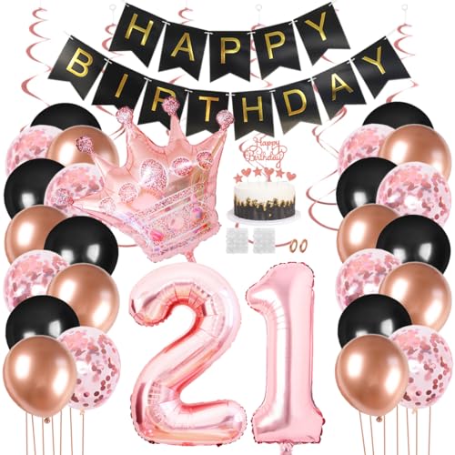 Juland 21. Geburtstag Deko Männer Frauen Schwarz Rose Gold Geburtstagsdeko Mädchen Junge Happy Birthday Banner 21 Jahre Geburtstag Nummer Folienballons Krone Konfetti Luftballons Tortenaufsatz von Juland