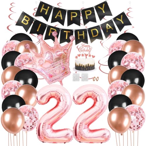 Juland 22. Geburtstag Deko Männer Frauen Schwarz Rose Gold Geburtstagsdeko Mädchen Junge Happy Birthday Banner 22 Jahre Geburtstag Nummer Folienballons Krone Konfetti Luftballons Tortenaufsatz von Juland