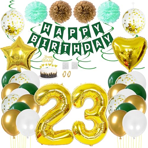 Juland 23. Geburtstag Deko Männer Frauen Grün Gold Geburtstagsdeko Mädchen Junge Happy Birthday Banner 23 Jahre Geburtstag Nummer Folienballons Pompons Konfetti Luftballons Pompons Tortenaufsatz von Juland