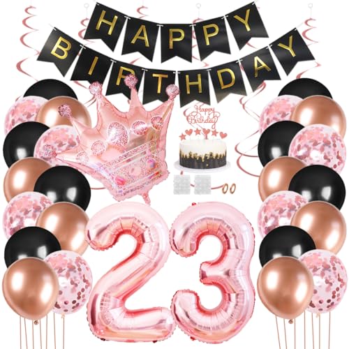 Juland 23. Geburtstag Deko Männer Frauen Schwarz Rose Gold Geburtstagsdeko Mädchen Junge Happy Birthday Banner 23 Jahre Geburtstag Nummer Folienballons Krone Konfetti Luftballons Tortenaufsatz von Juland