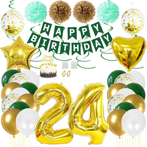 Juland 24. Geburtstag Deko Männer Frauen Grün Gold Geburtstagsdeko Mädchen Junge Happy Birthday Banner 24 Jahre Geburtstag Nummer Folienballons Pompons Konfetti Luftballons Pompons Tortenaufsatz von Juland